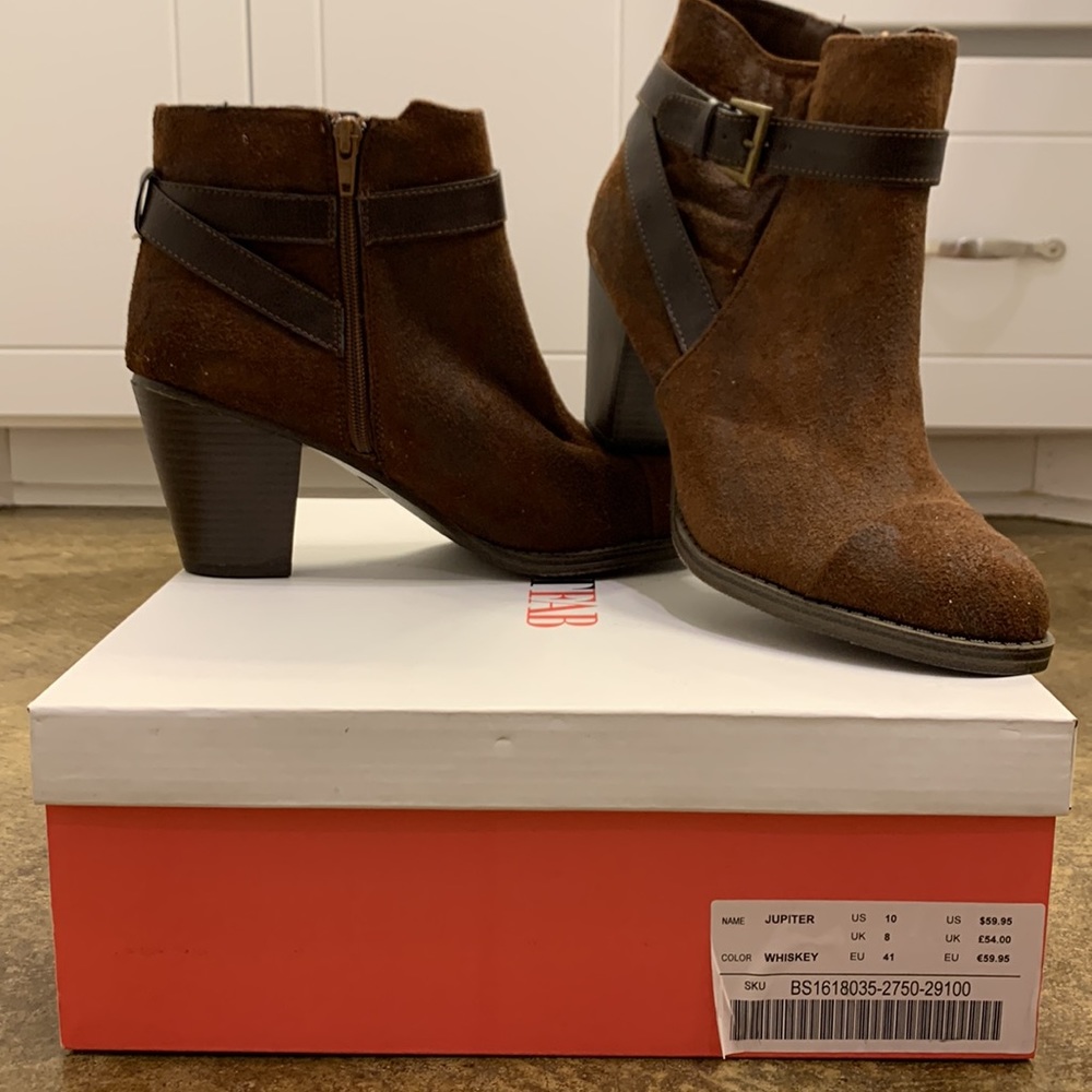 Brown JustFab Bootie with strapped buckle & zipper. Size 10.